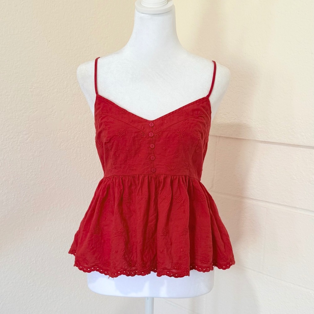 PEACH Peplum Cami Top Women Size M Red Eyelet Cotton Babydoll Cottagecore